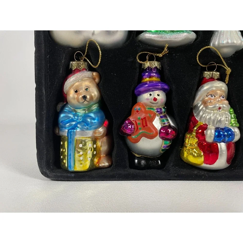Set of 8 Mikasa Vintage Glass Christmas Ornaments - Santa, Snowmen, Angel & More